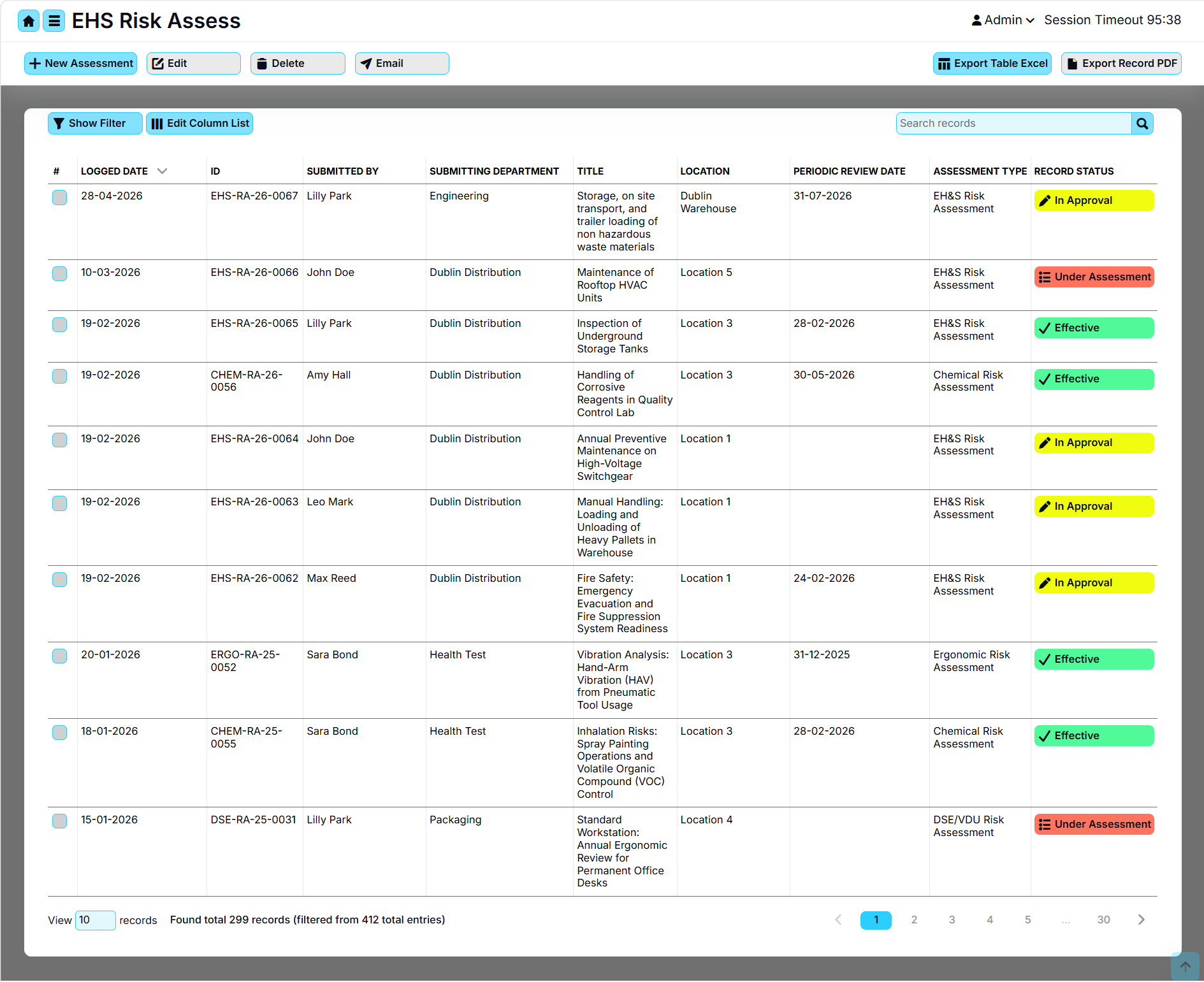 EHS Risk Assessment dashboard showing logged safety observations and their status.