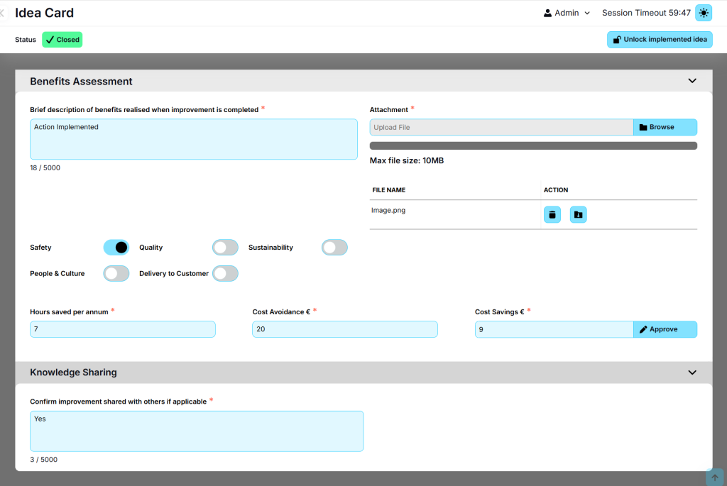 Idea card interface showing benefits assessment and knowledge sharing sections.
