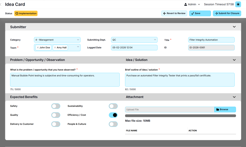 Idea Management System interface showing an idea submission form with fields for problem, solution, and benefits.