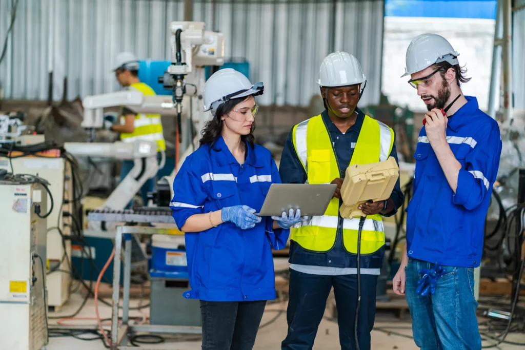 Engineers in hard hats review data on a laptop and device in a factory