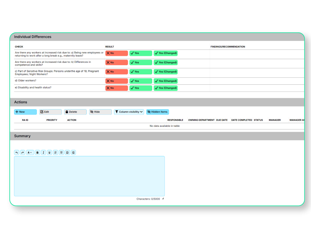 Ergonomic assessment checklist with results and recommendations for individual differences.