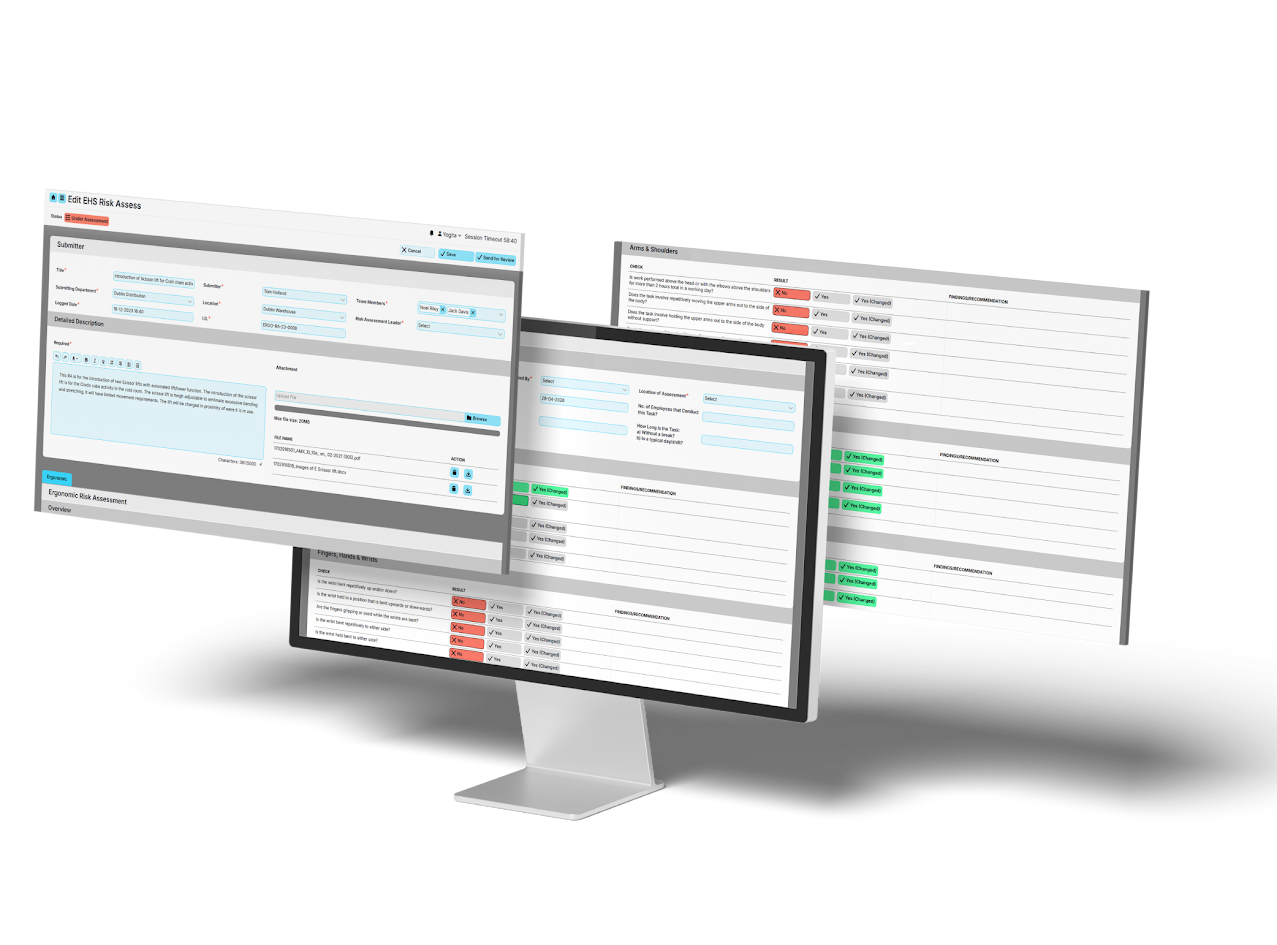 Computer screen displaying ergonomic risk assessment software with forms and data.