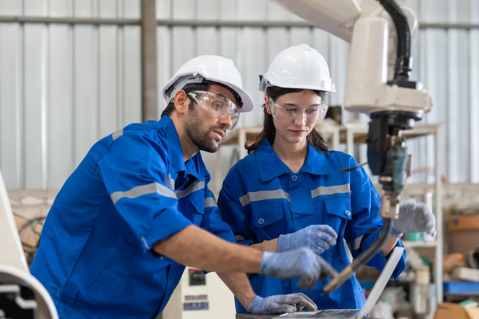 Engineers using laptop to implement poka yoke in lean manufacturing