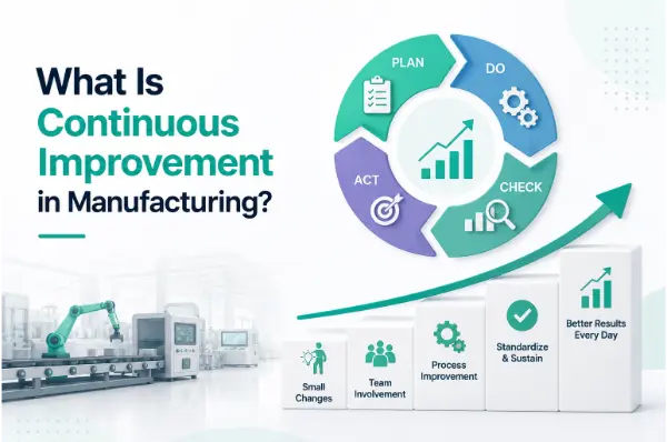 Manufacturing plant with green PDCA cycle, boxes for small changes, team involvement, process improvement, better results