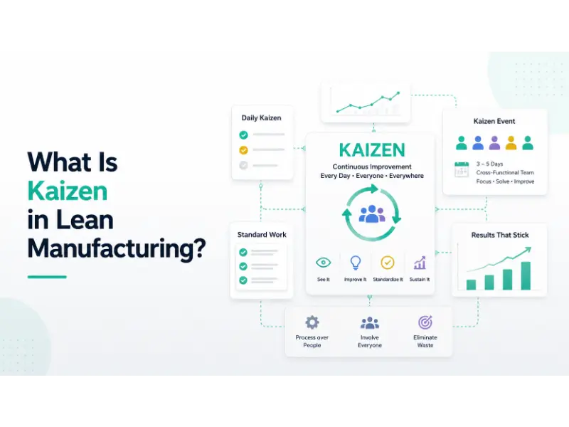 Infographic about Kaizen in Lean Manufacturing with text, icons, and charts
