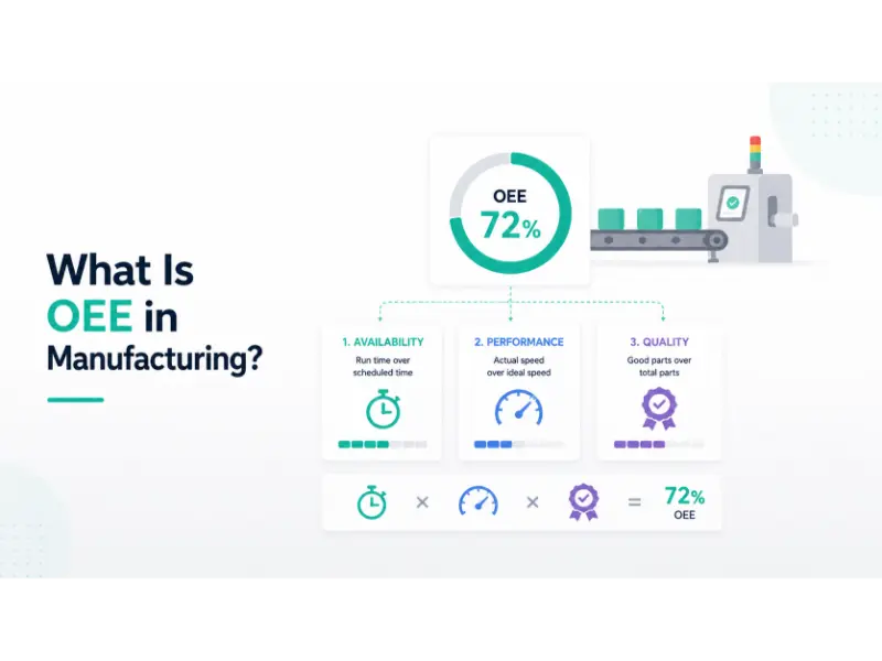 OEE infographic with 72% efficiency, showing manufacturing metrics