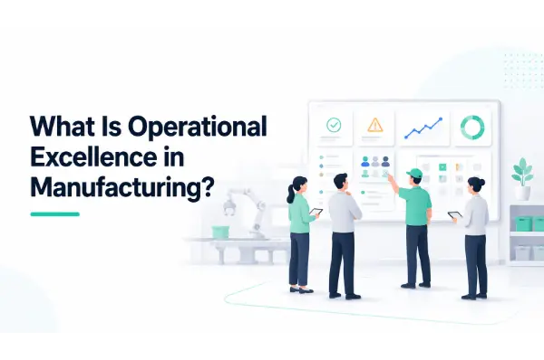 Four employees studying a large chart about operational excellence in manufacturing