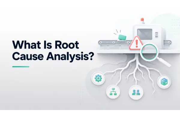 Root cause analysis diagram with icons and a magnifying glass