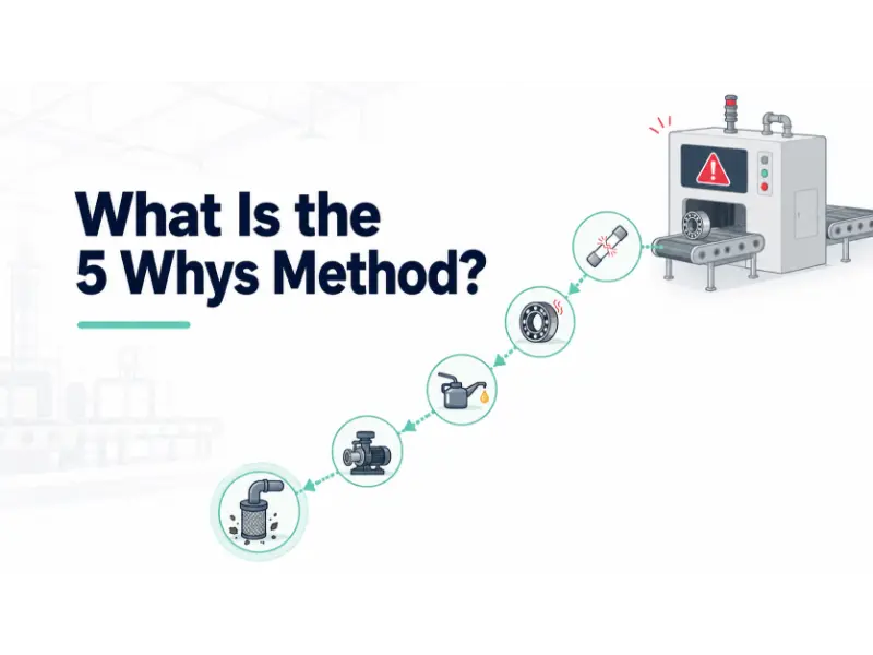 Infographic: What is the 5 Whys Method? Industrial machinery with question marks