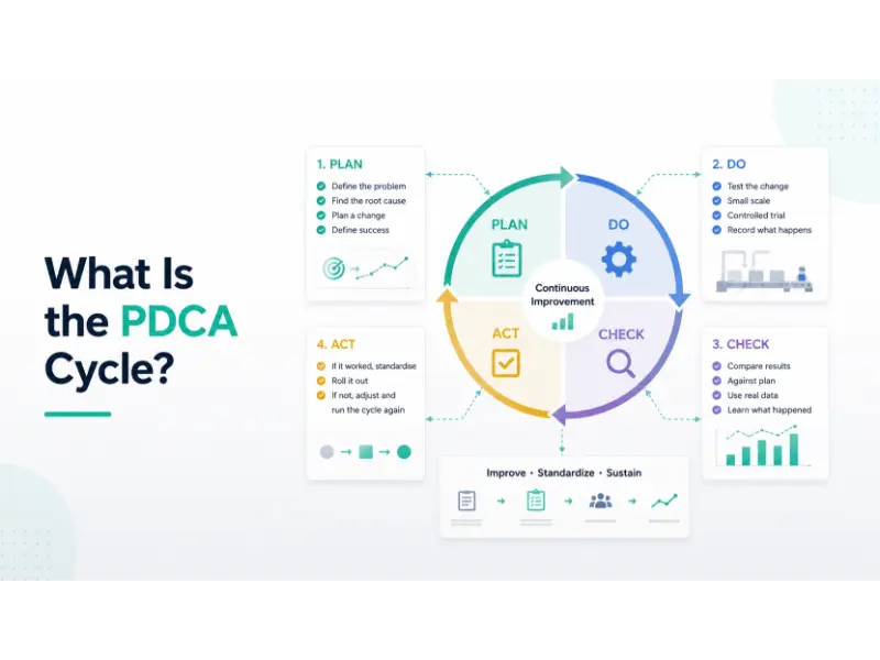 Infographic of the PDCA cycle with steps: Plan, Do, Check, Act