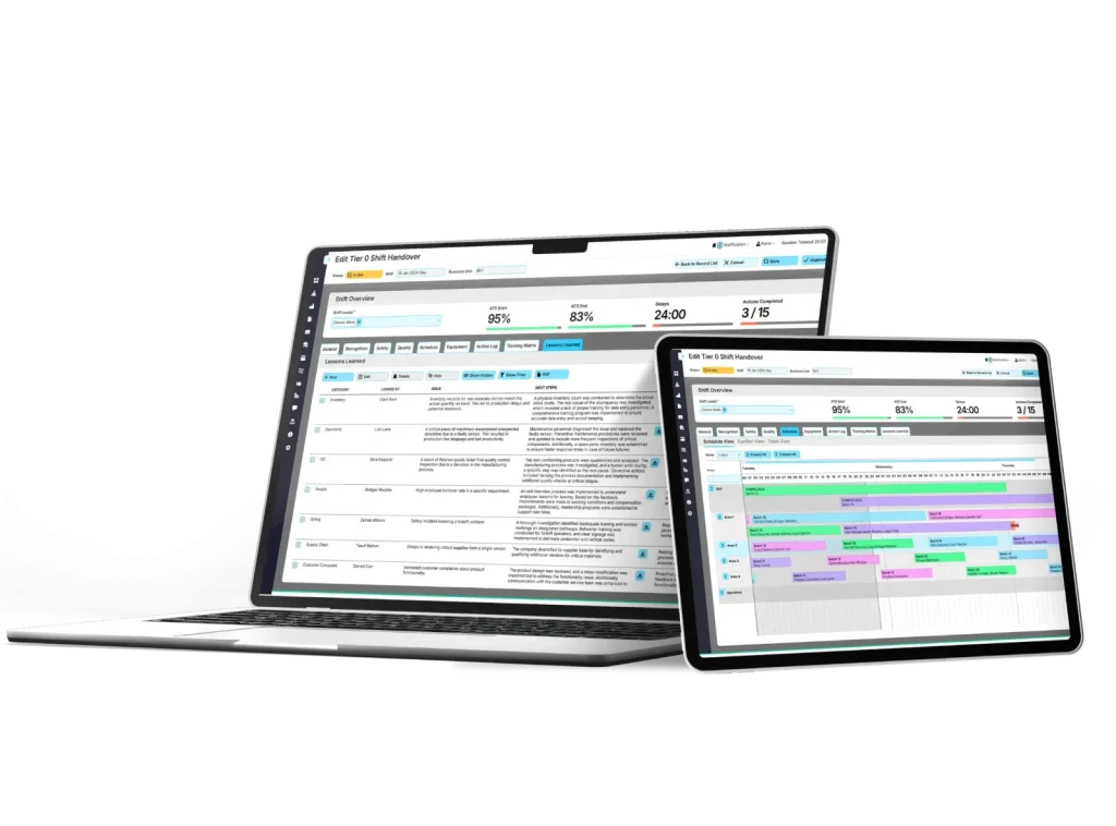 Laptop and tablet displaying shift issue logging software with task timelines.