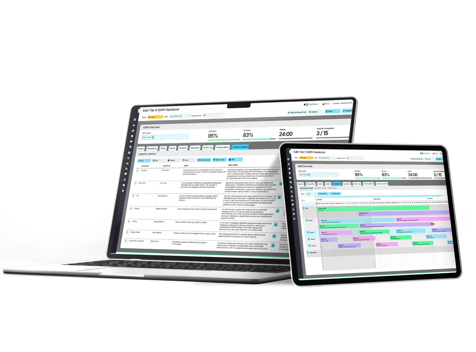 Laptop and tablet displaying shift issue logging software with task timelines.