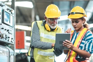Engineers in hard hats review manufacturing software on a tablet in a factory.