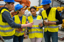 Diverse team in hard hats and vests discussing tablet in factory