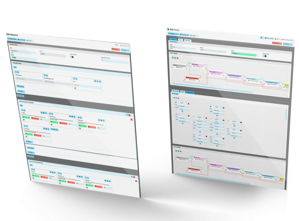 Two forms: one checklist, one workflow diagram, showing form editing and workflow management.