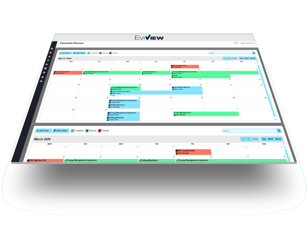Checklist planner software showing a March 2026 calendar with scheduled events and tasks.
