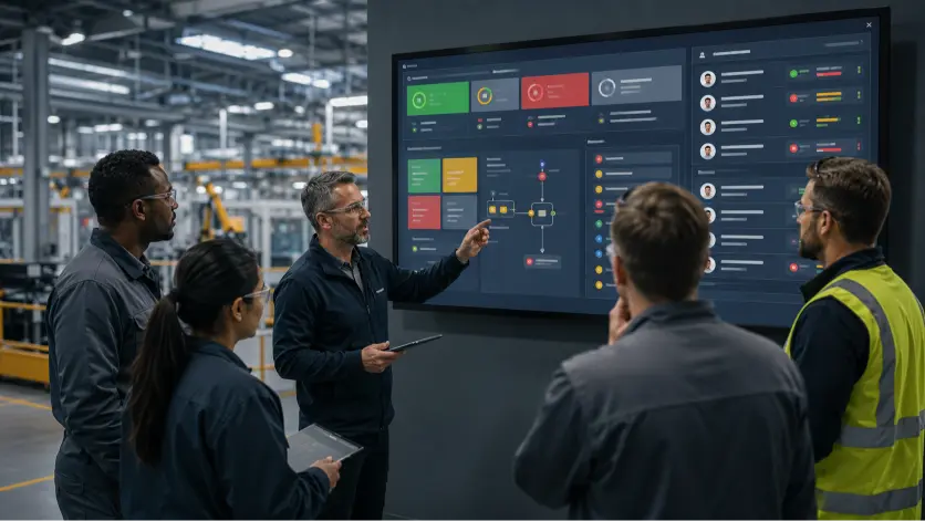 Team reviews digital tierboard dashboard on large screen in factory setting.