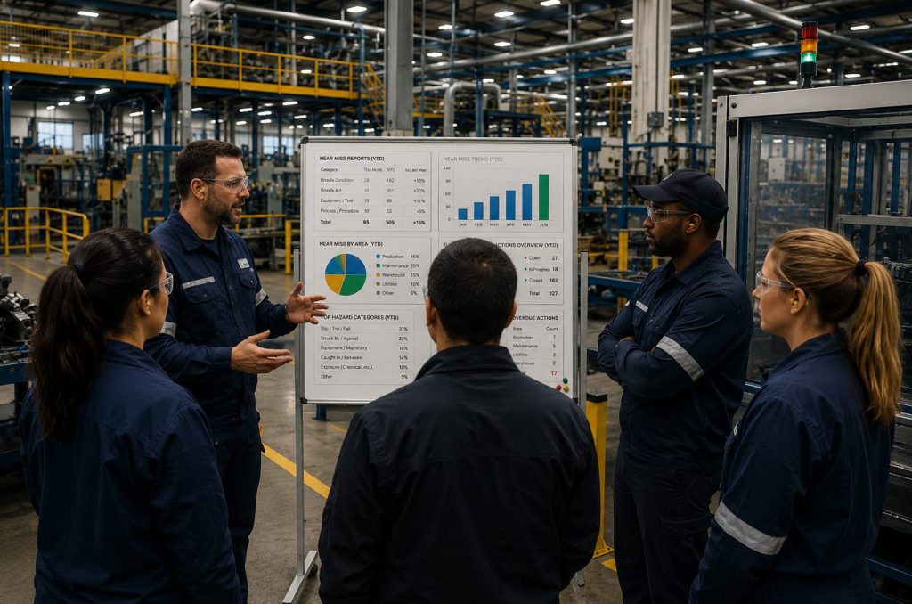 Team in blue uniforms discussing a factory report in a plant