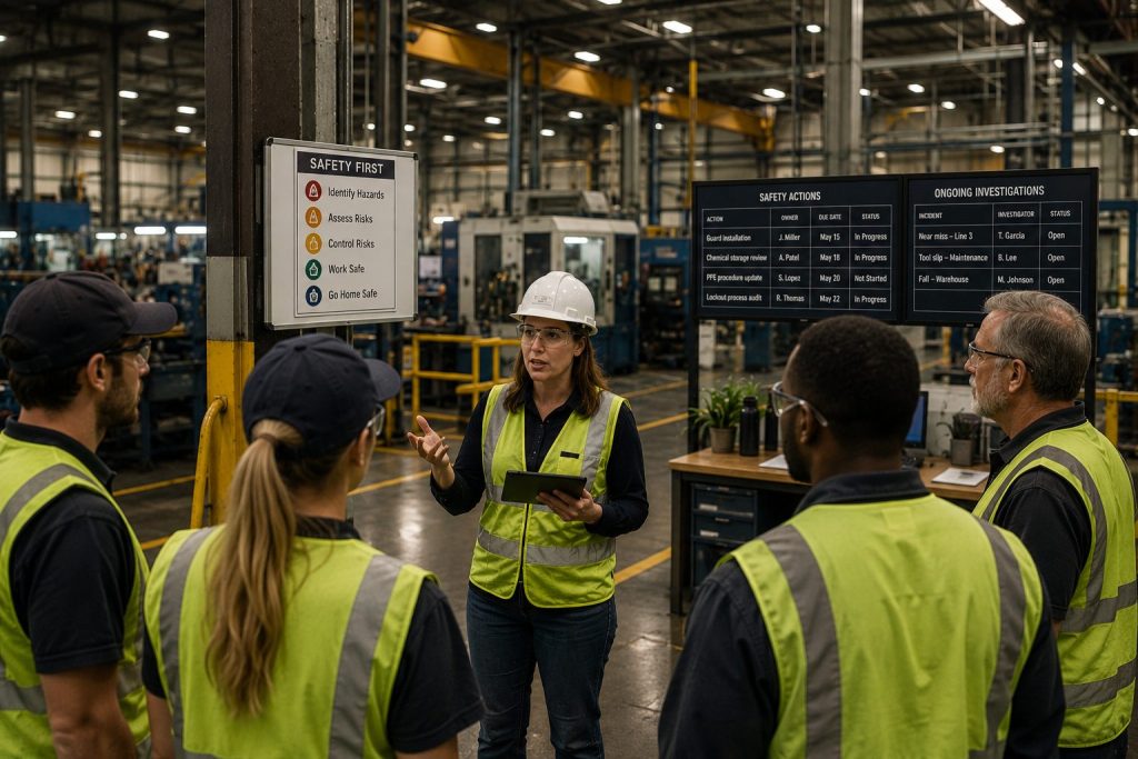 Factory team in high-visibility vests discusses safety with a woman holding a tablet