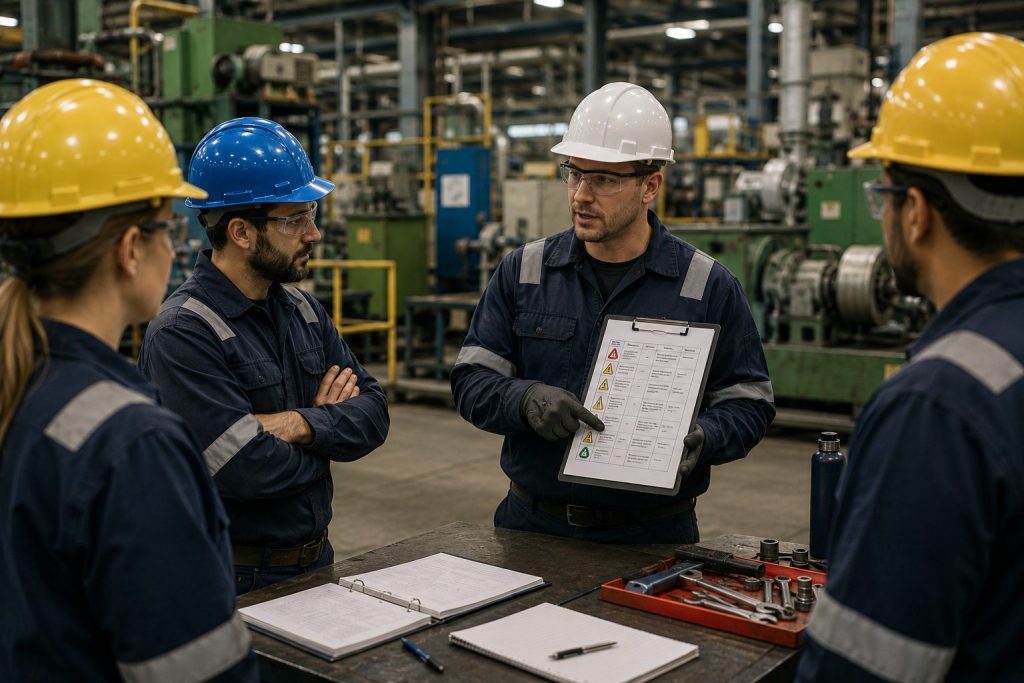 Manufacturing team with hard hats discussing job hazard analysis in a factory
