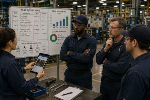 Workers in blue uniforms reviewing near miss reports on tablet in factory