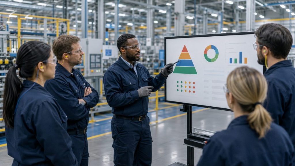 Factory workers attentively listening to a presentation about production metrics