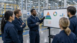 Factory workers attentively listening to a presentation about production metrics