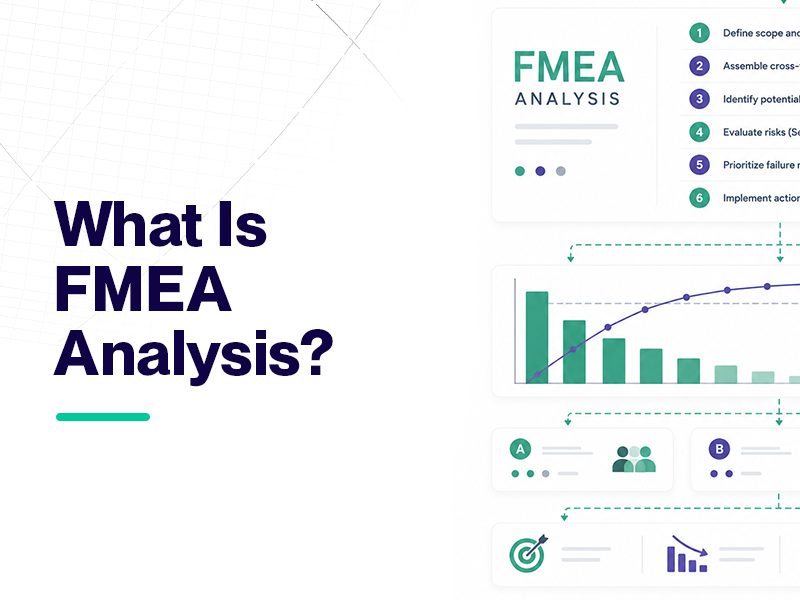 FMEA analysis steps: Define scope, assemble team, identify potential failures, evaluate risks, prioritize, and implement actions.