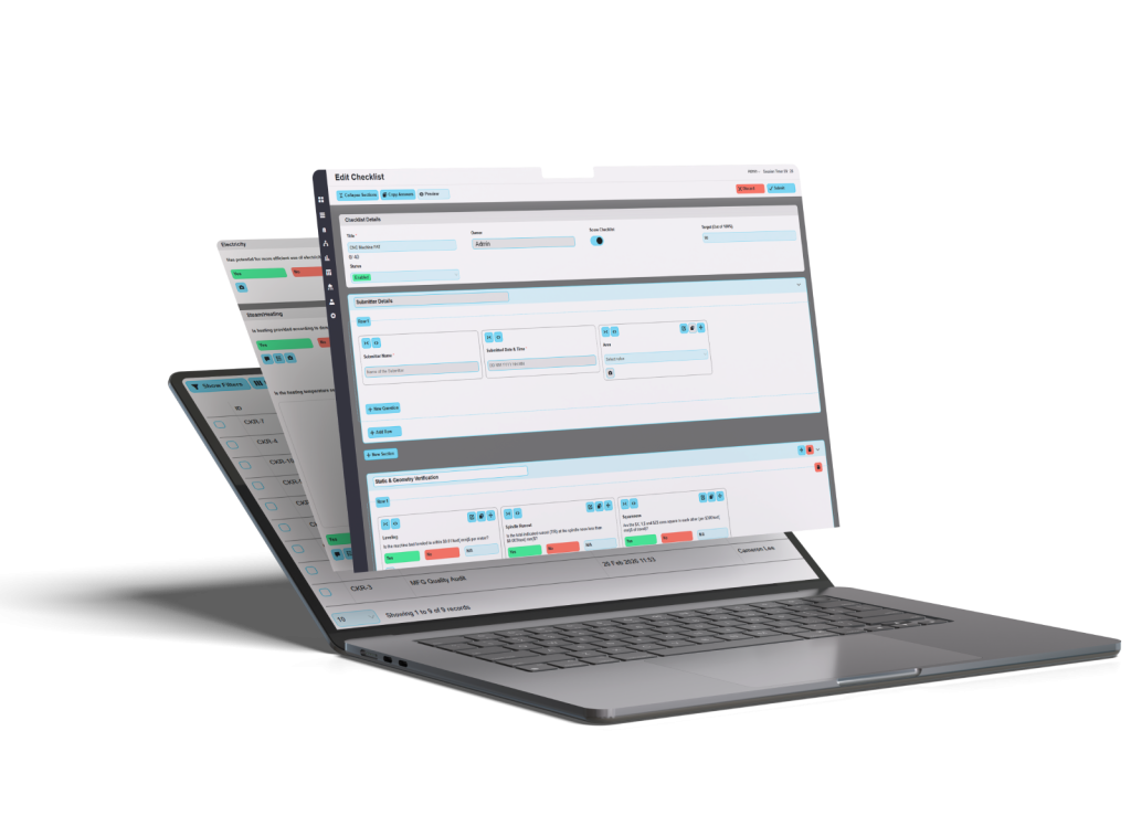 Laptop displaying a digital checklist application with editable fields and routine tasks.