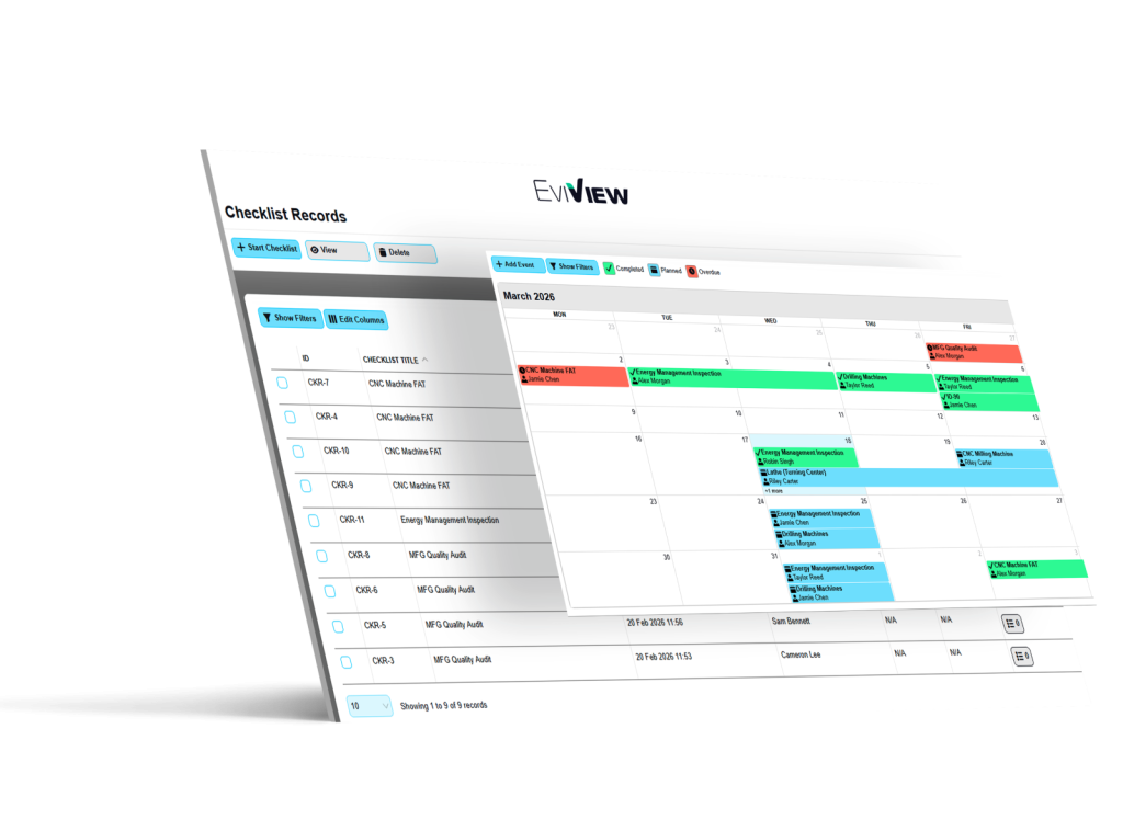 EviView checklist records dashboard showing March 2026 calendar and task list.