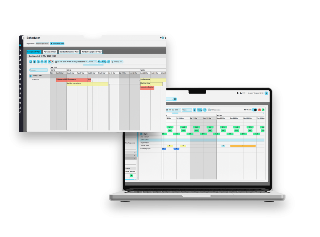 Manufacturing scheduler software showing equipment and personnel views on a laptop screen.